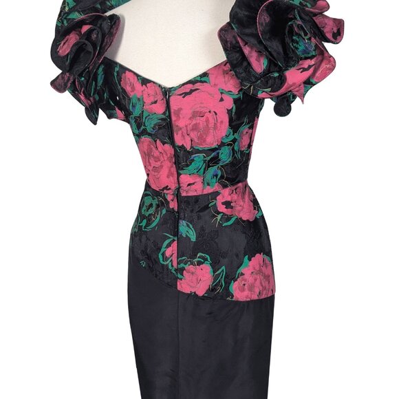 Vintage 80s Red Rose Floral Print Ruffle Sleeve Prom Cocktail Party Dress M - Picture 5 of 14